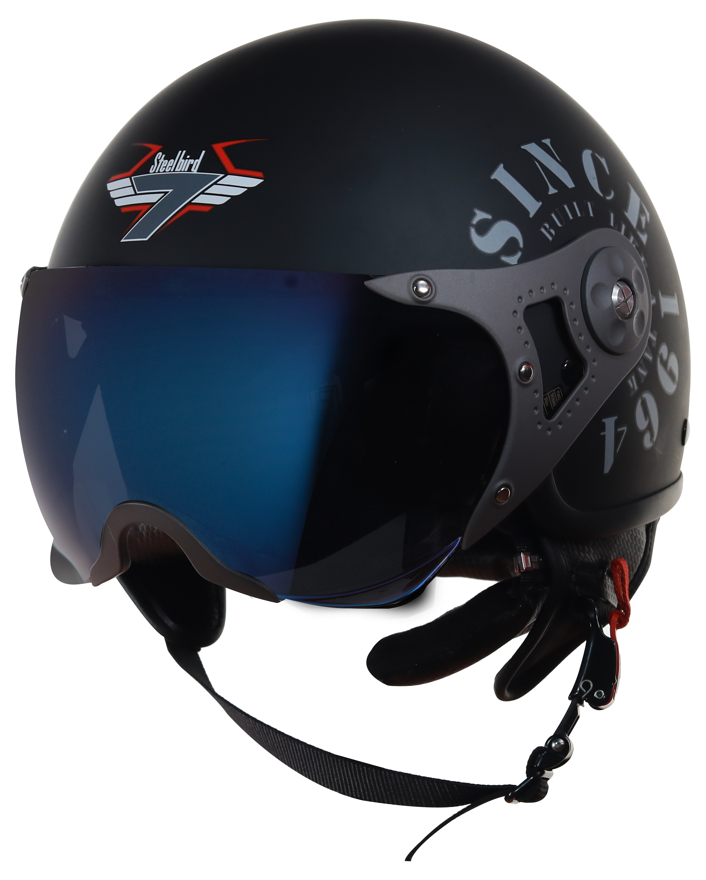 Steelbird SB-27 7Wings Tank Open Face Graphic Helmet (Matt Black Line Grey With Chrome Blue Visor)